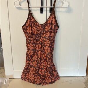 Floral Ruched V-Neck Tank Romper - Brown & Orange